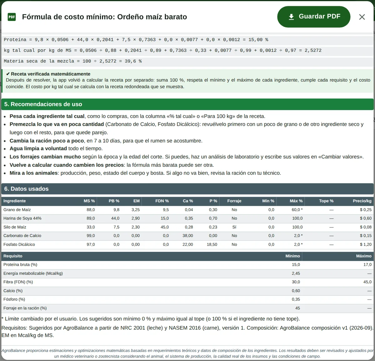 Documento en formato PDF de una fórmula de costo mínimo: la cuenta de cada nutriente, el sello Receta verificada matemáticamente, recomendaciones de uso y datos usados