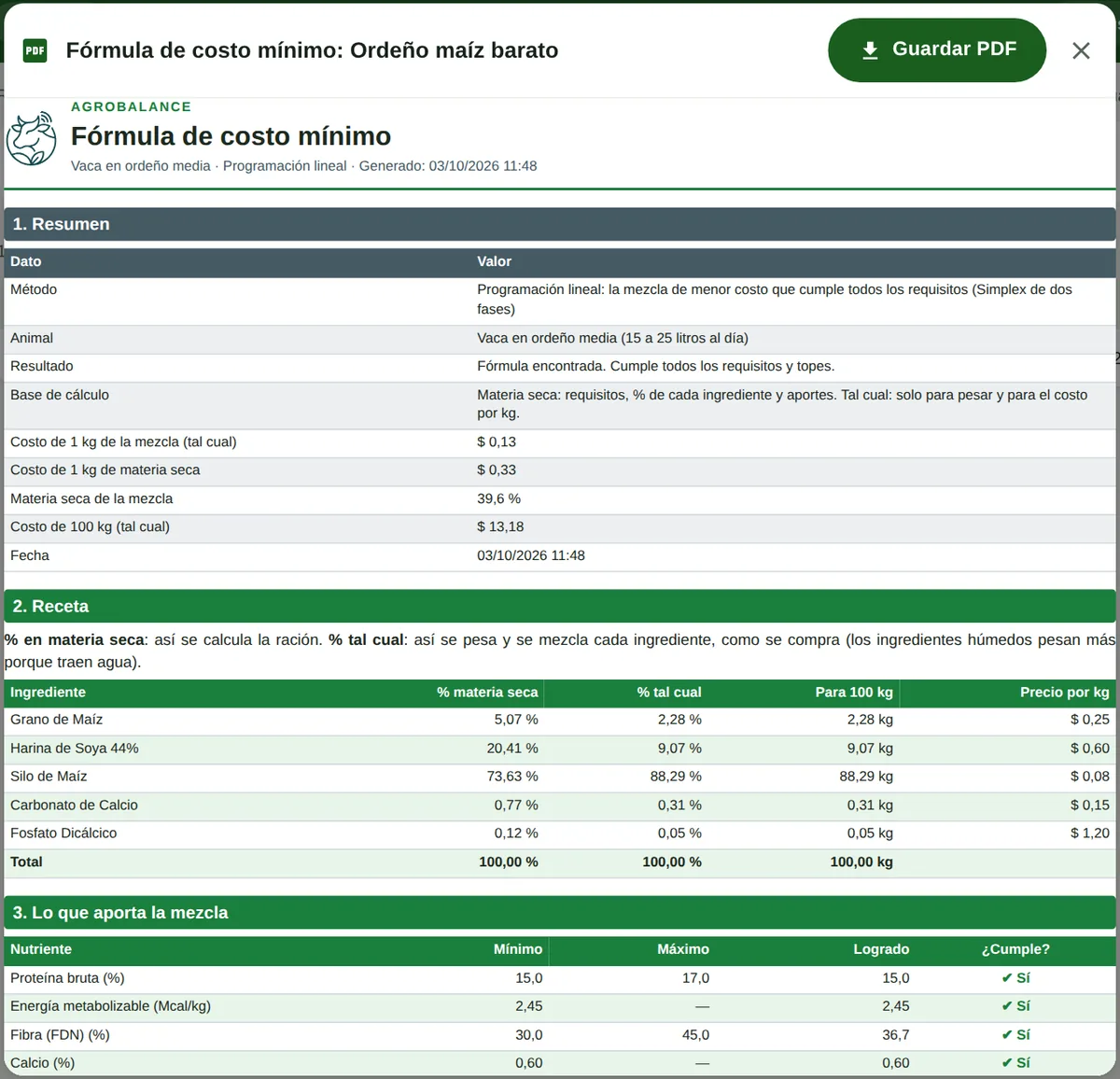 PDF de la fórmula de costo mínimo: resumen con costo de 100 kg, receta en kilos y lo que aporta la mezcla