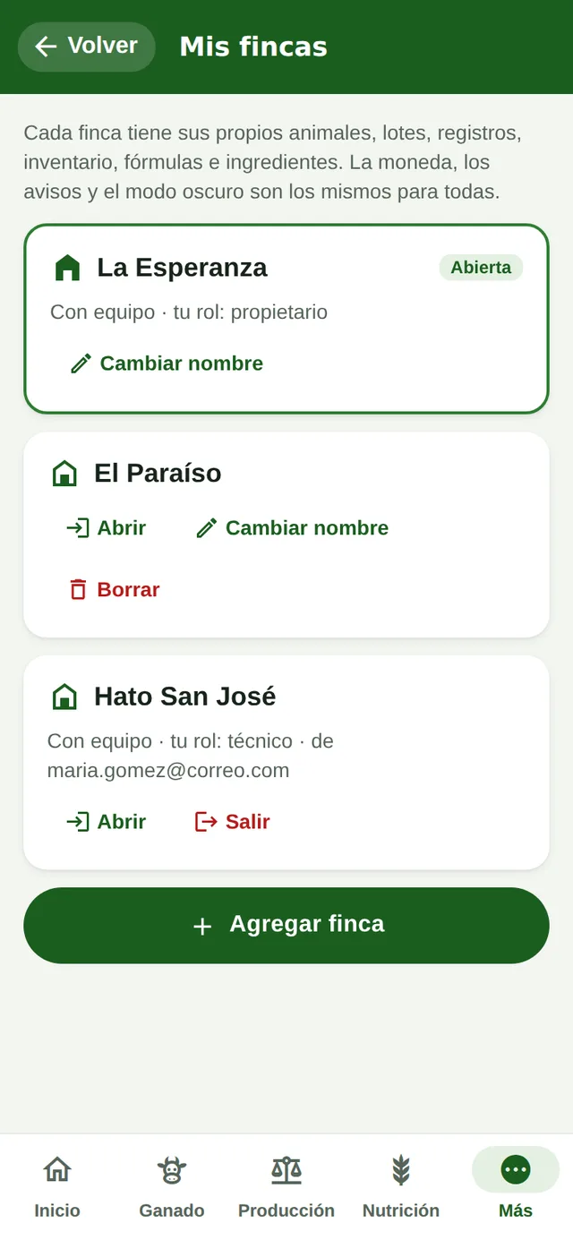 Mis fincas en el teléfono: La Esperanza, El Paraíso y Hato San José, cada una con su rol
