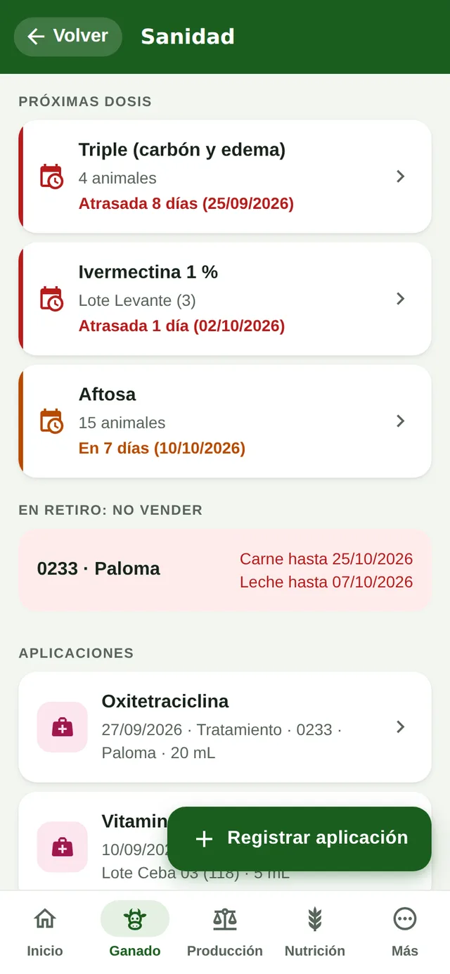 Sanidad en el teléfono con próximas dosis, dosis atrasadas y animales en retiro